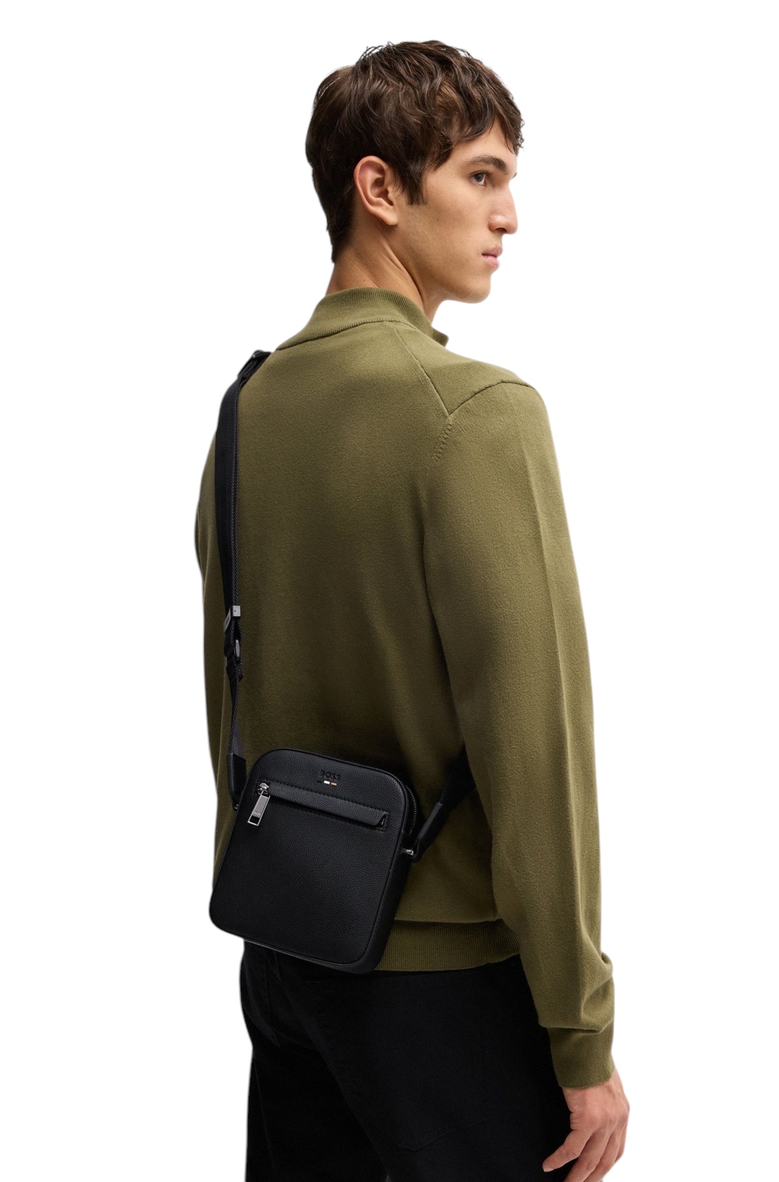 BOSS Ray Ns Zip Grained Faux-Leather Reporter Bag With Logo Trim