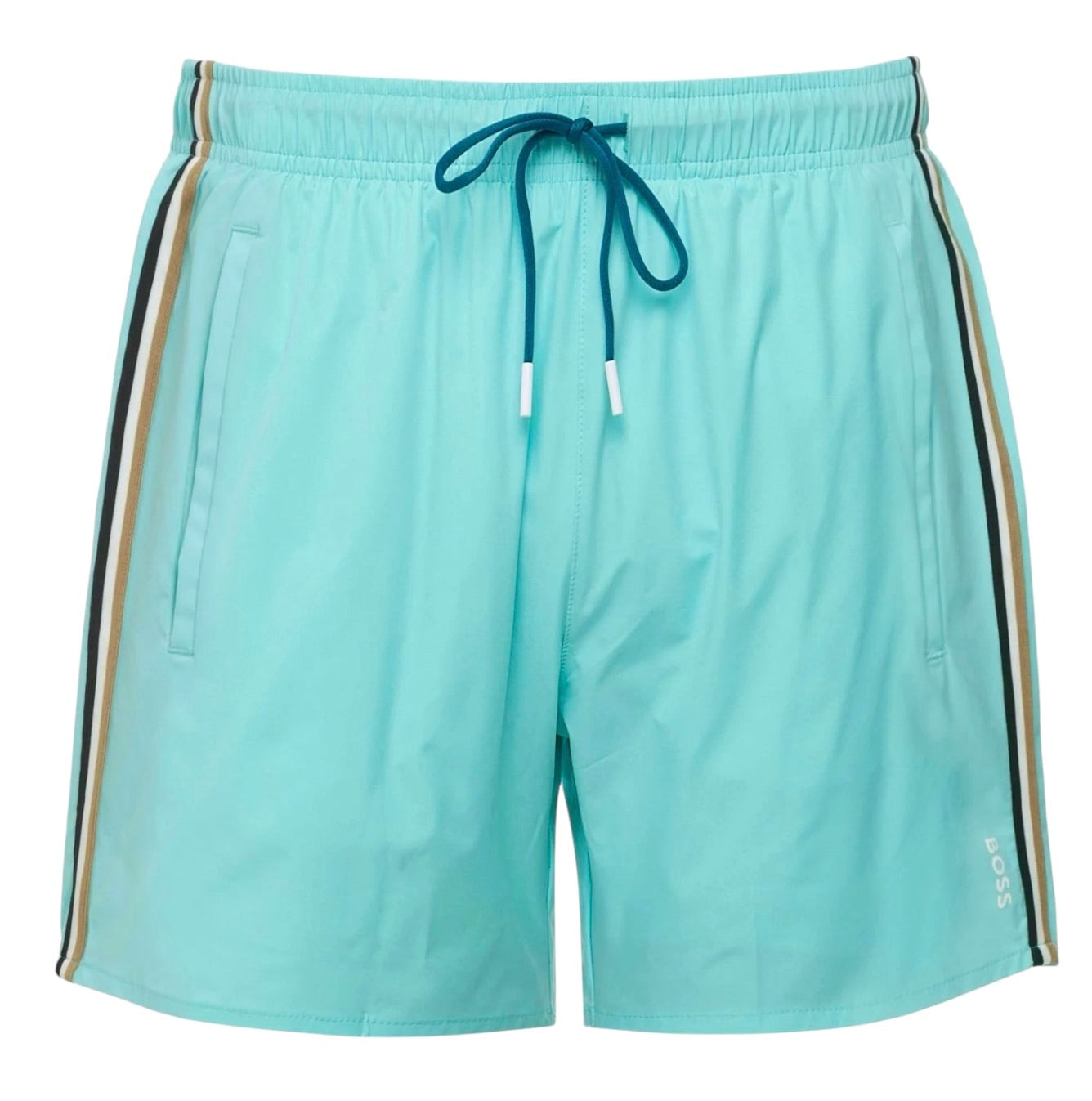 BOSS ICONIC SWIM SHORTS WITH SIGNATURE STRIPE AND LOGO