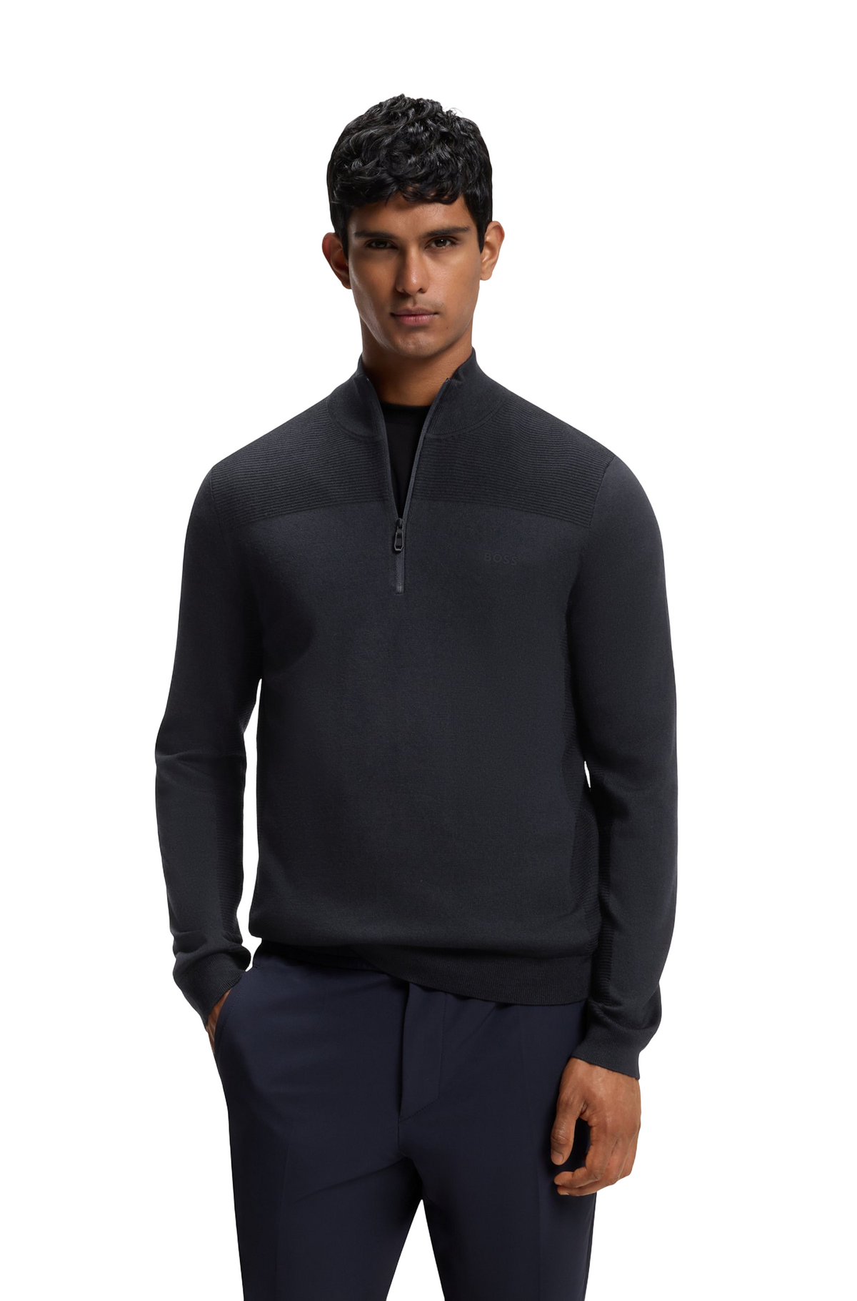 BOSS Momentum-X Zip Neck Virgin Wool Blend Sweater With Logo