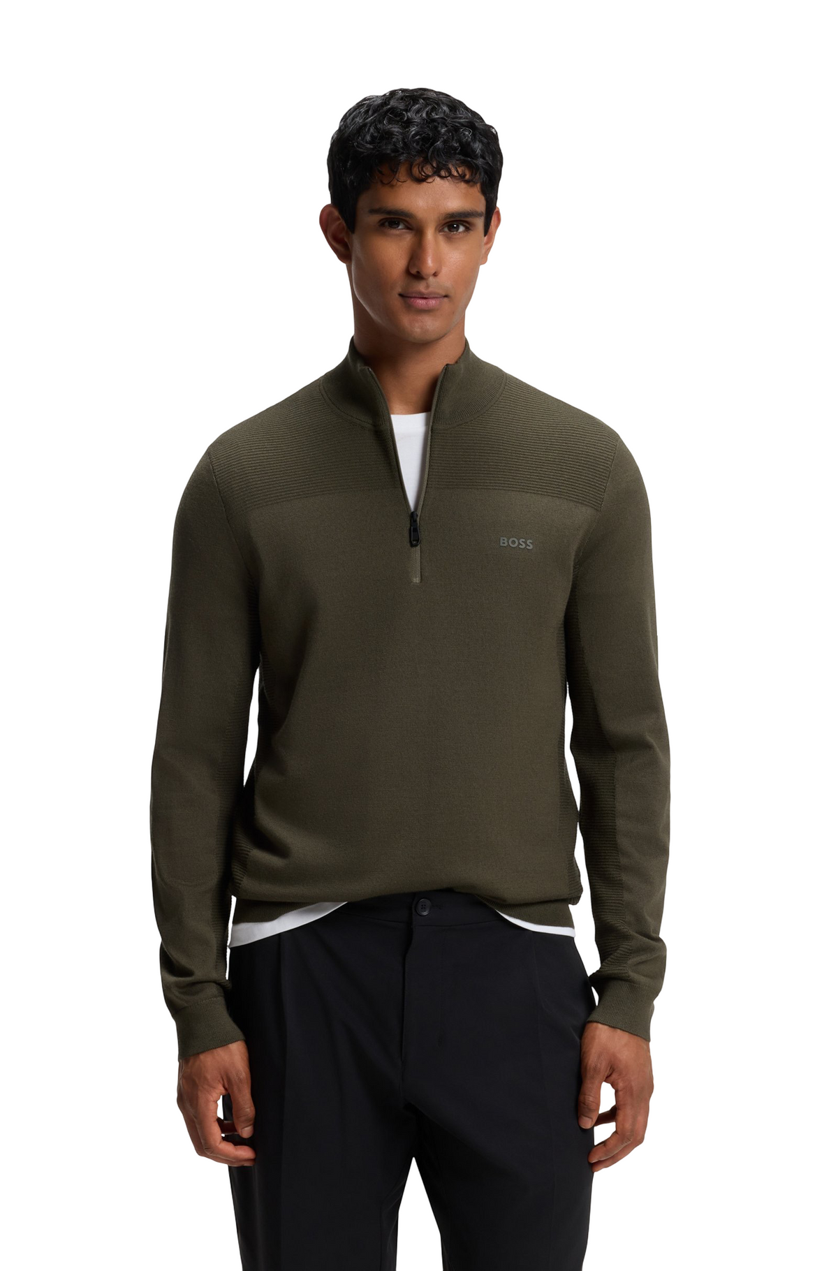 BOSS Momentum-X Zip Neck Virgin Wool Blend Sweater With Logo