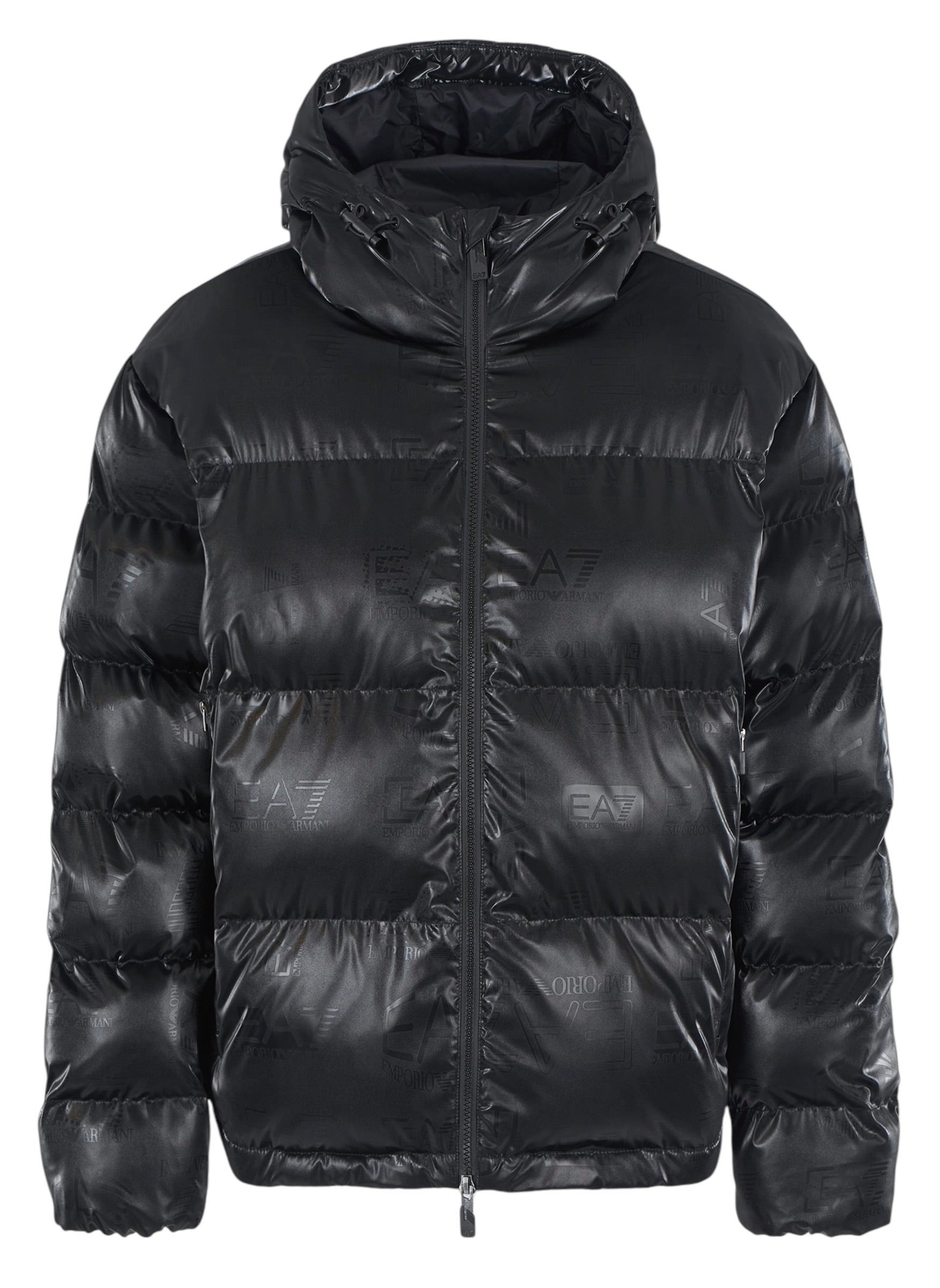 EA7 EMPORIO ARMANI TECHNICAL FABRIC PADDED JACKET WITH HOOD AND ALL-OVER LOGO