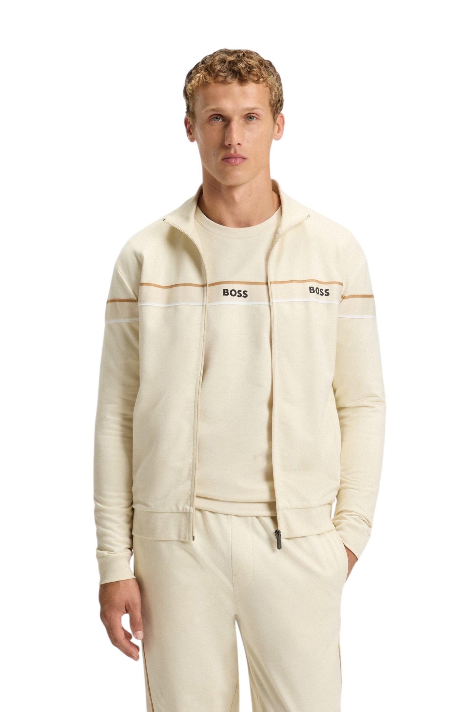 BOSS Iconic Zip-Up Jacket In Cotton Terry With Tape Trims