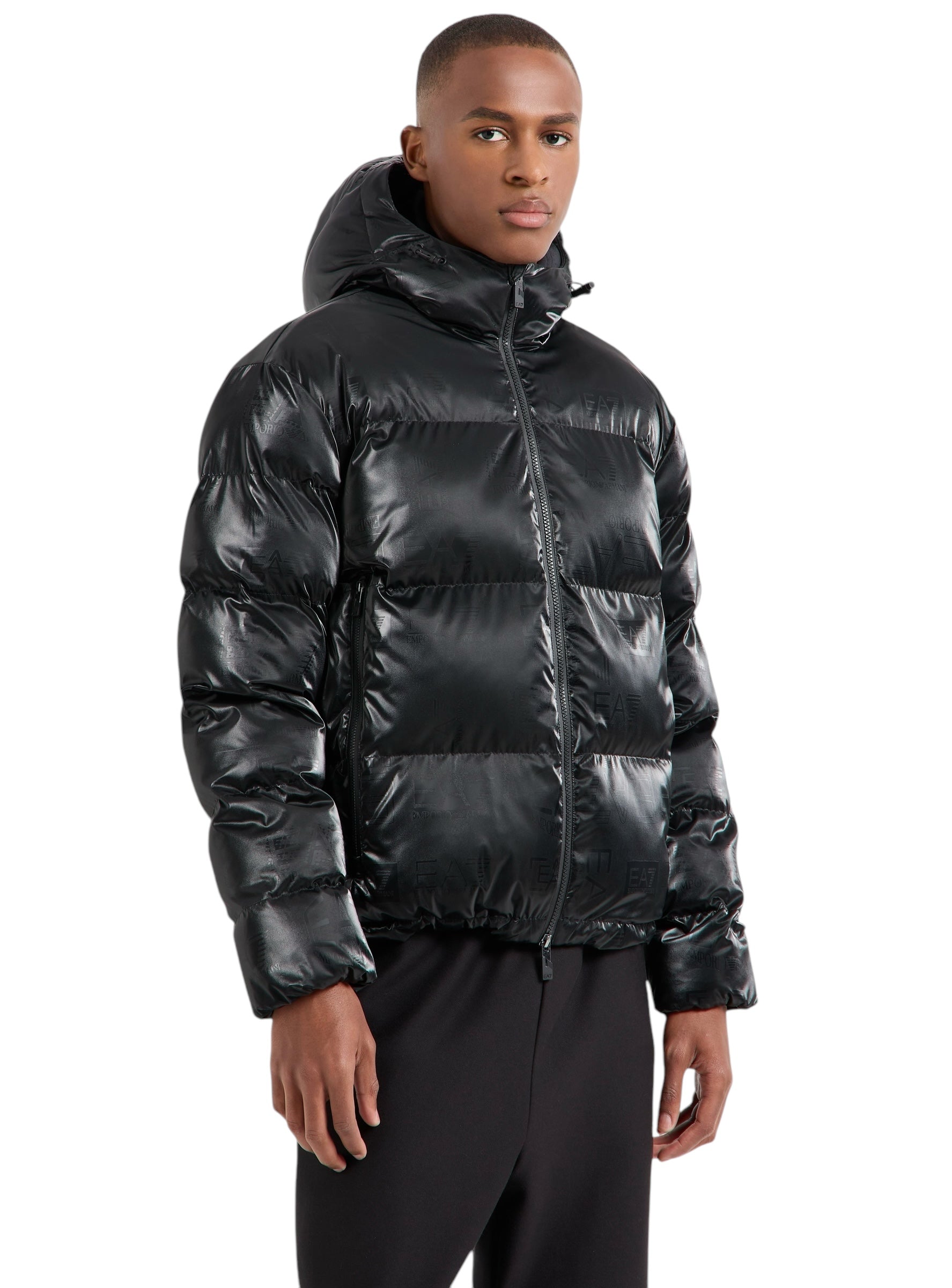 EA7 EMPORIO ARMANI TECHNICAL FABRIC PADDED JACKET WITH HOOD AND ALL-OVER LOGO