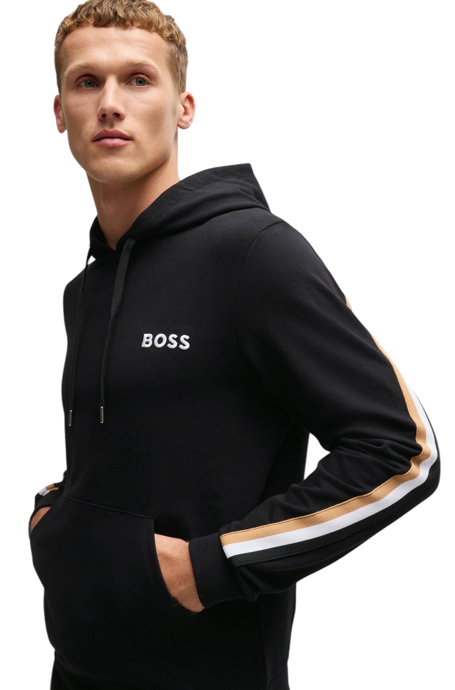 BOSS ICONIC COTTON-TERRY HOODIE WITH SIGNATURE-STRIPE TAPE