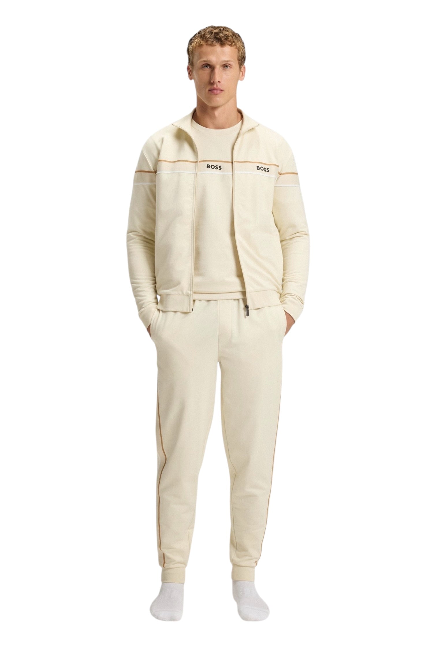 BOSS Iconic Zip-Up Jacket In Cotton Terry With Tape Trims