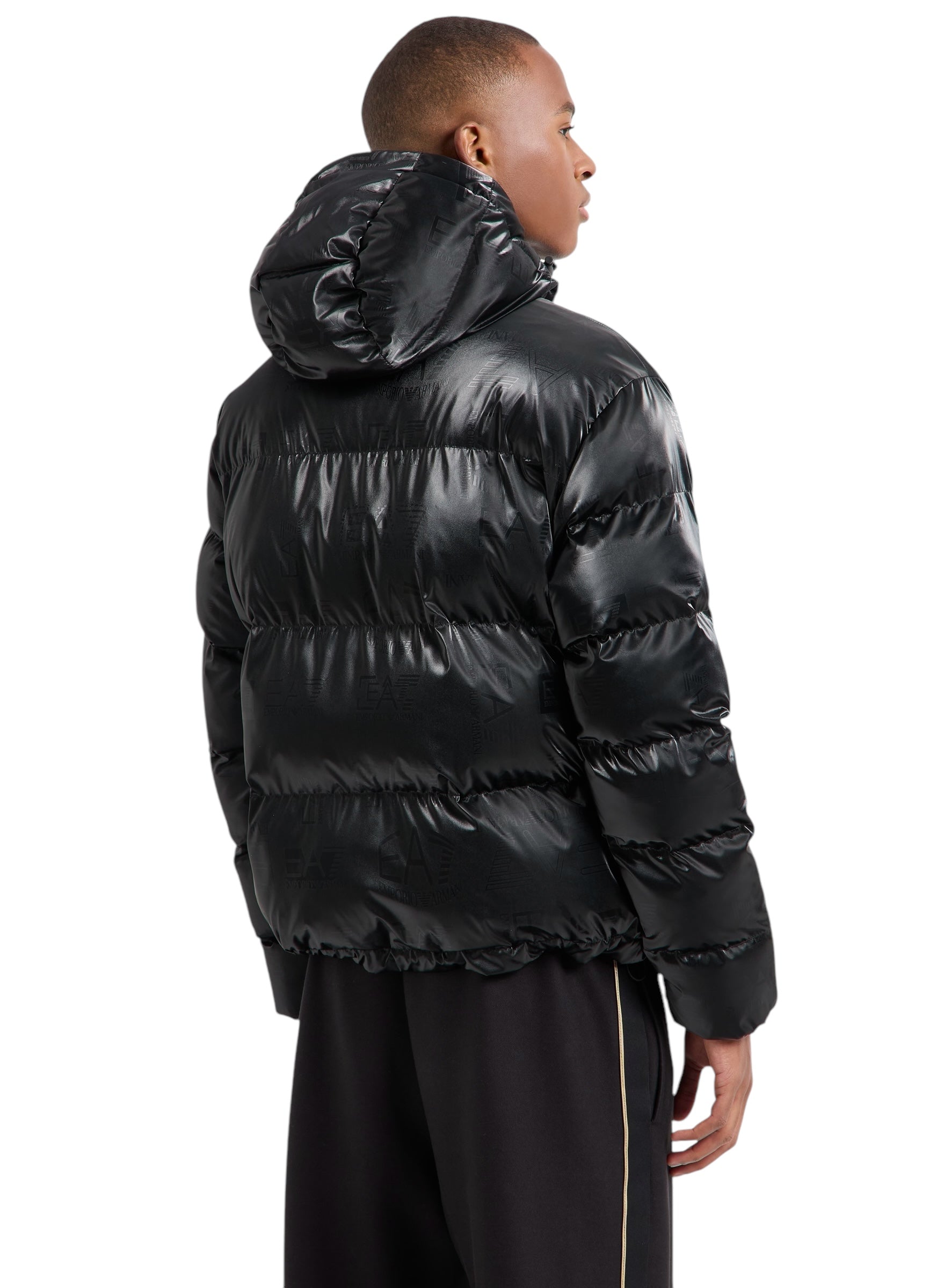 EA7 EMPORIO ARMANI TECHNICAL FABRIC PADDED JACKET WITH HOOD AND ALL-OVER LOGO