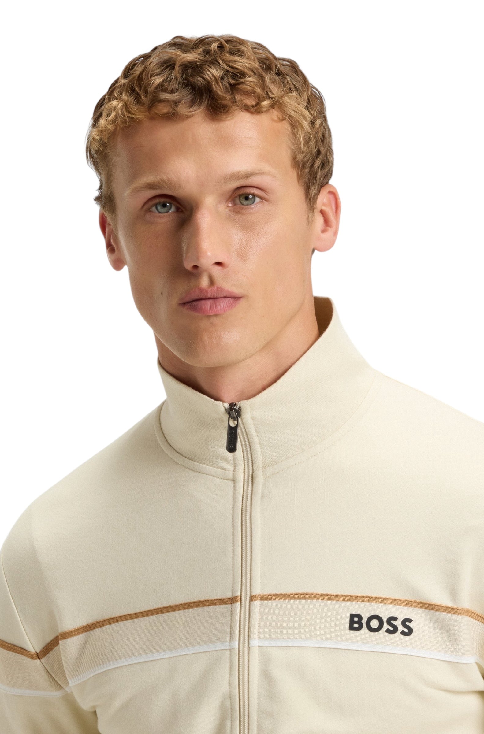 BOSS Iconic Zip-Up Jacket In Cotton Terry With Tape Trims