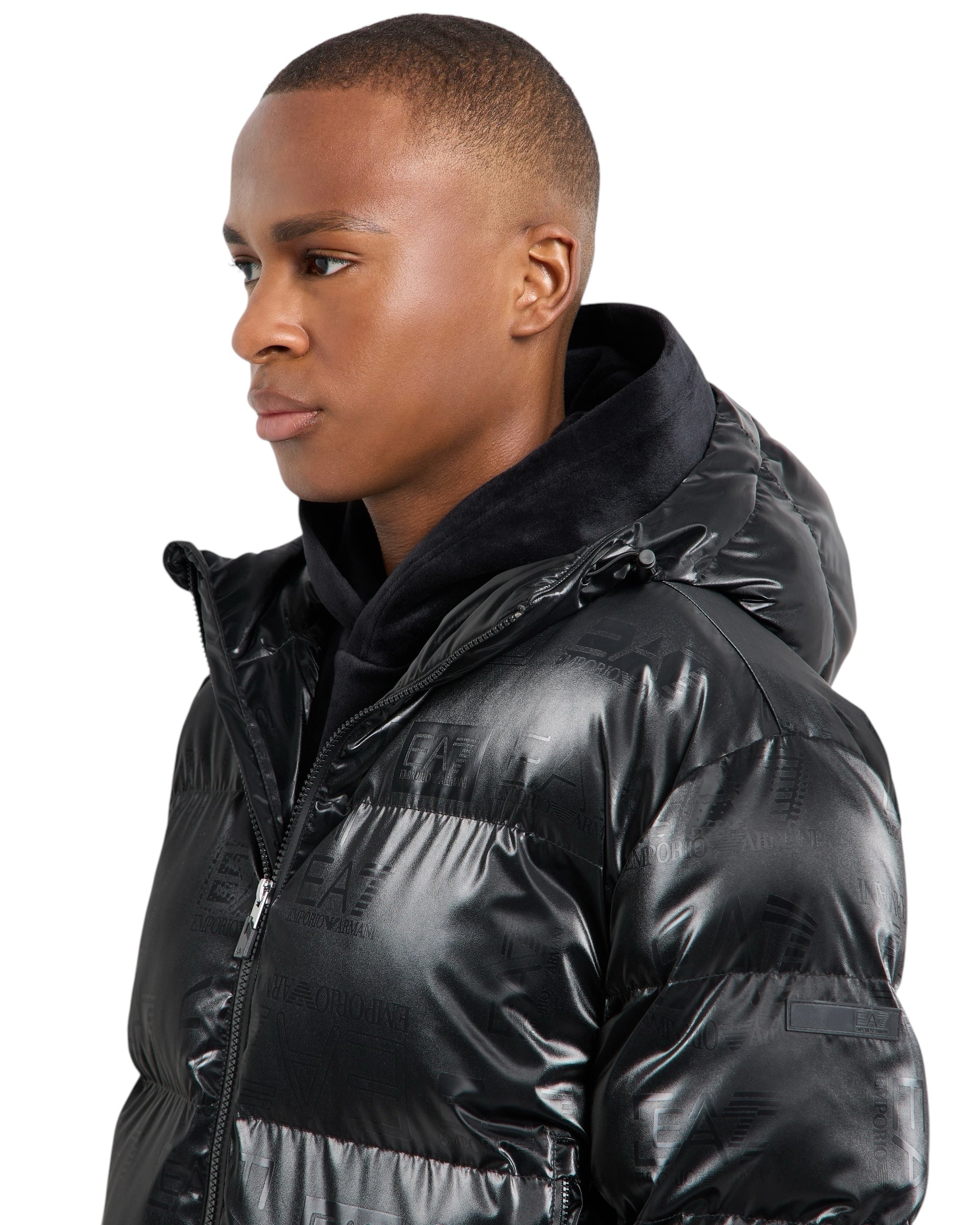 EA7 EMPORIO ARMANI TECHNICAL FABRIC PADDED JACKET WITH HOOD AND ALL-OVER LOGO