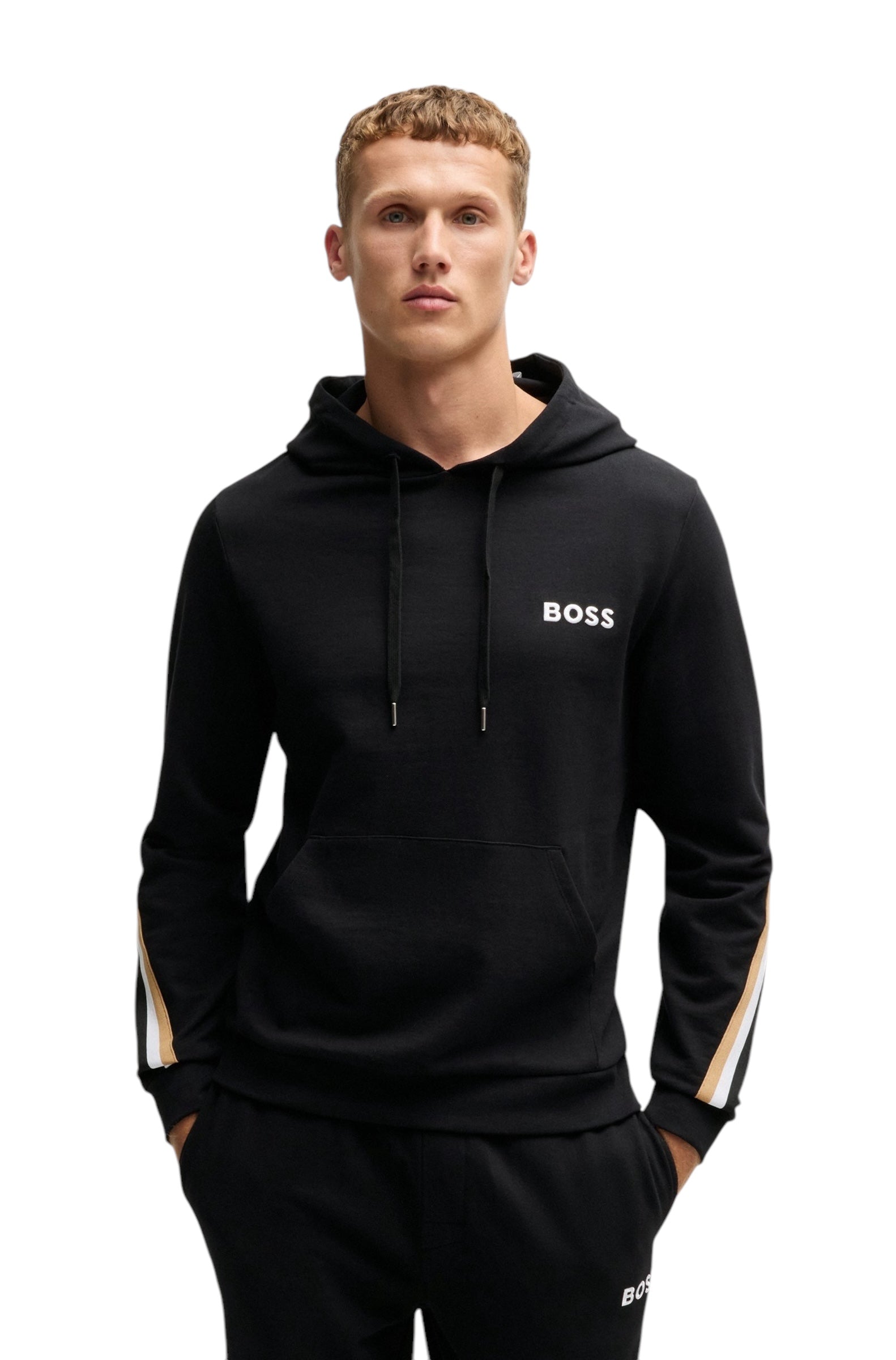 BOSS ICONIC COTTON-TERRY HOODIE WITH SIGNATURE-STRIPE TAPE