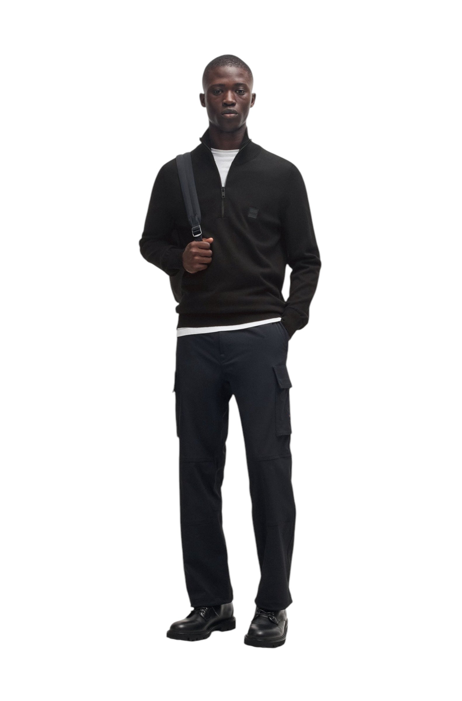 BOSS Kanobix_S Logo Patch Zip Neck Sweater In Cotton And Cashmere